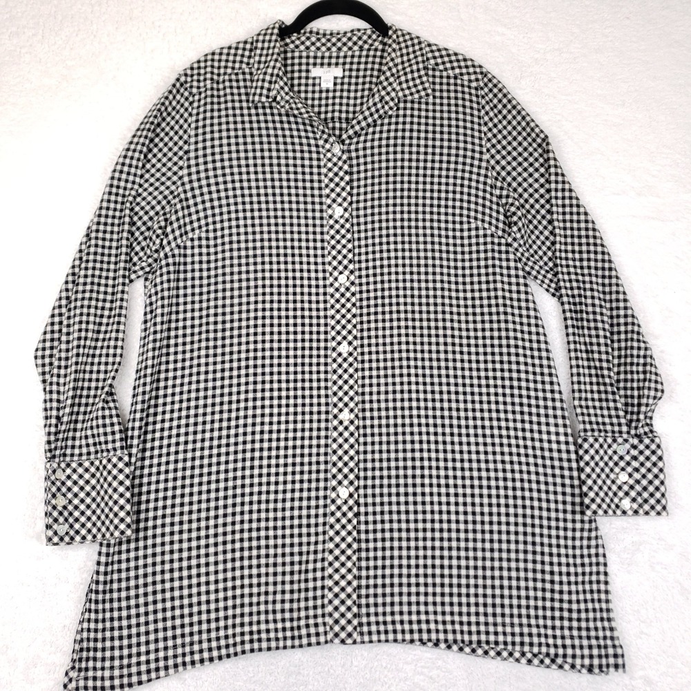 J.Jill Womens Black White Gingham Cotton Blend Button Down Tunic Top Size M